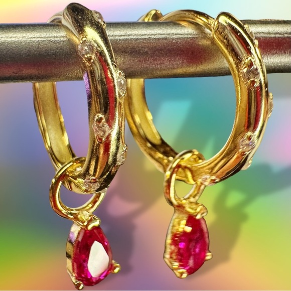 NEW 14K Yellow Gold-Plated White Crystal CZ Encrusted Huggie Hoops w Ruby Dangle - Picture 11 of 16